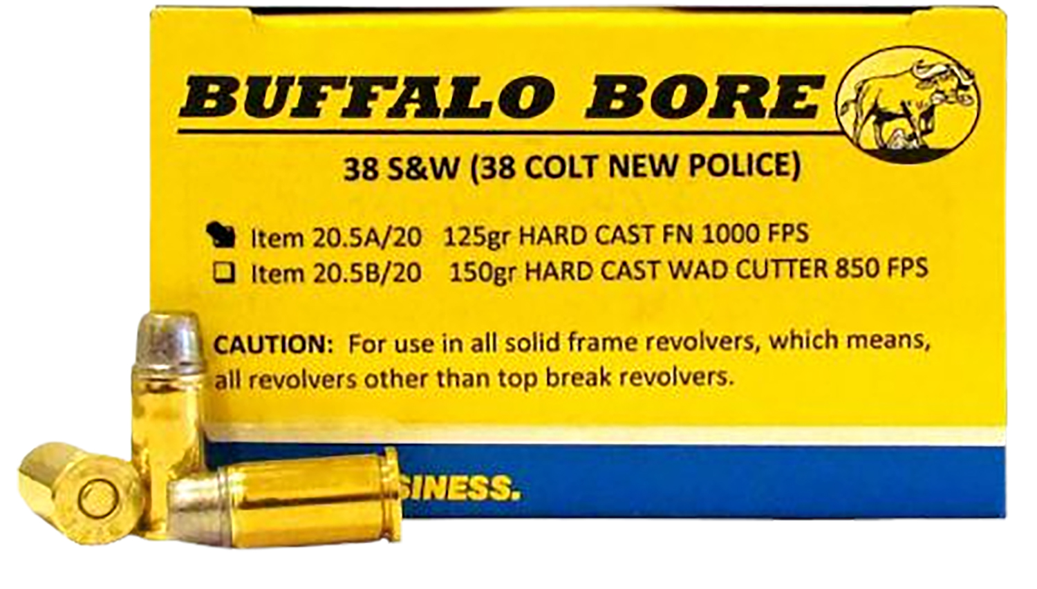 Buffalo Bore 205A20 .38 S&W 125gr Hard Cast Flat Nose Ammo 20 Rounds