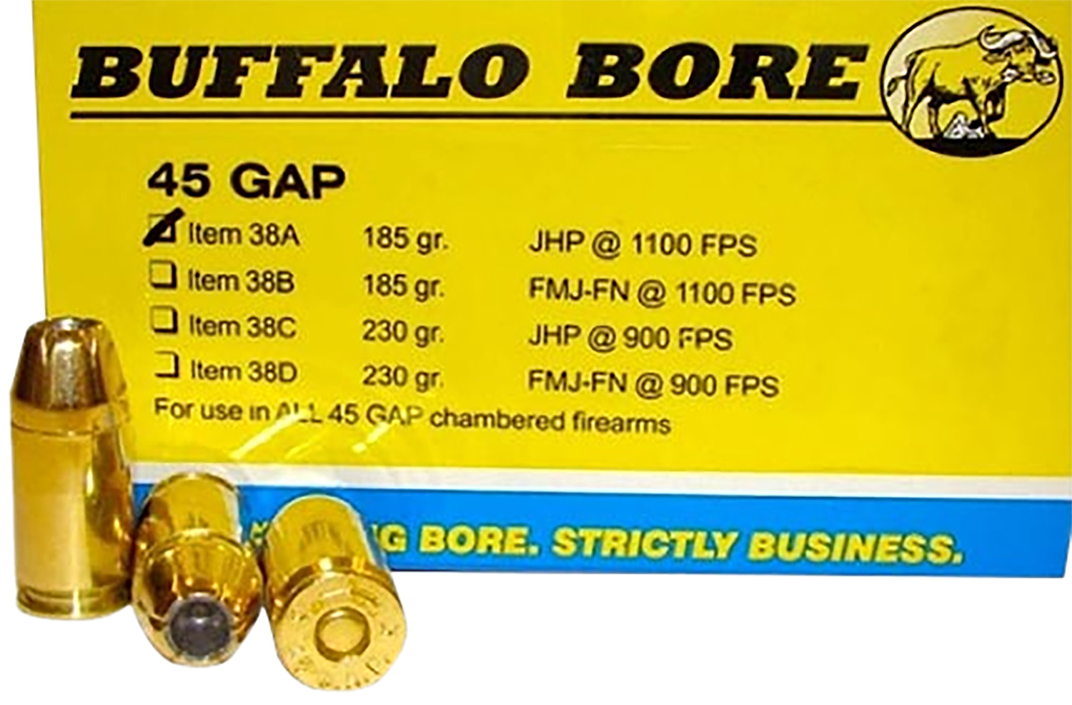 Buffalo Bore 38A20 45 GAP 185gr JHP Ammo 20 Rounds