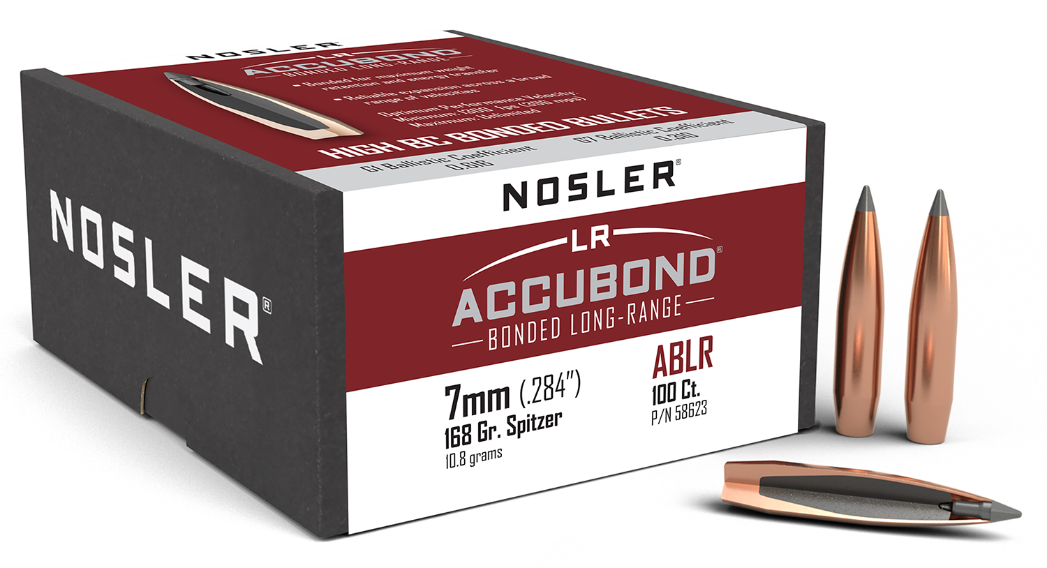 Nosler 58623 AccuBond Long Range 7mm .284 168 gr Spitzer Point 100 Per Box