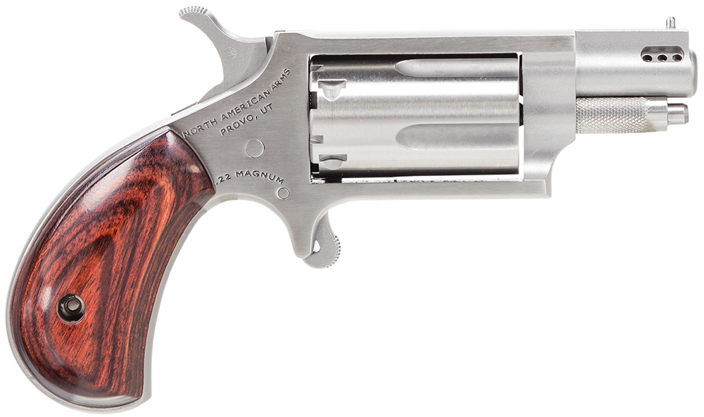 North American Arms 22MSP Mini-Revolver  22 WMR 5 Shot 1.13 Stainless Steel Ported Barrel, Frame & Cylinder, Rosewood Birdshead Grip, Exposed Hammer