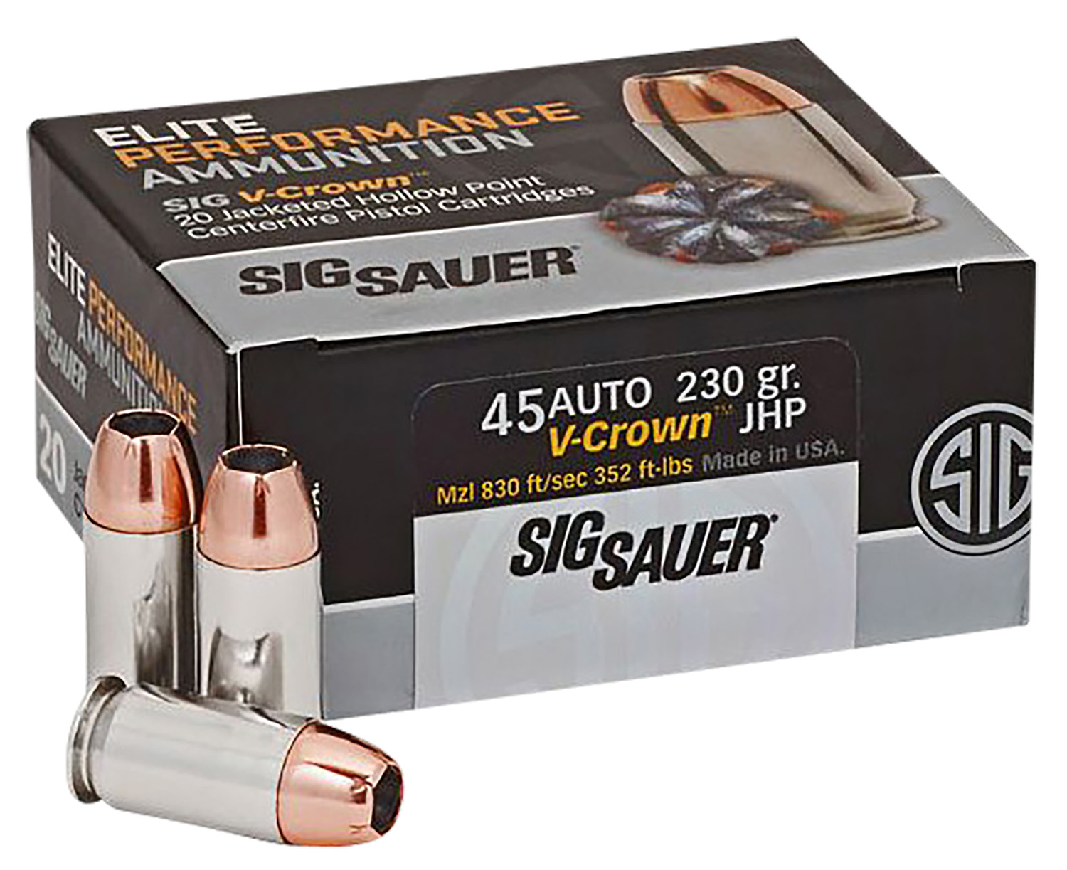 Sig Sauer E45AP220 Elite Defense  45 ACP 230 gr 830 fps V-Crown Jacketed Hollow Point (VJHP) 20 Bx/10 Cs