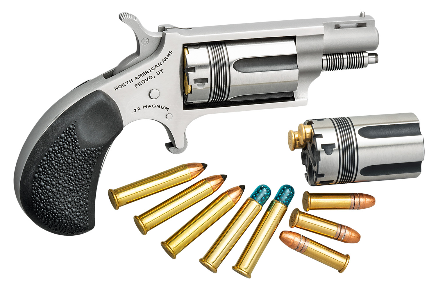 North American Arms 22MSCTW Wasp  22 LR 22 WMR 5 Shot 1.13" Stainless Steel Vent Rib Barrel, Stainless Frame & Cylinder, Black Pebbled Rubber Grip, Exposed Hammer