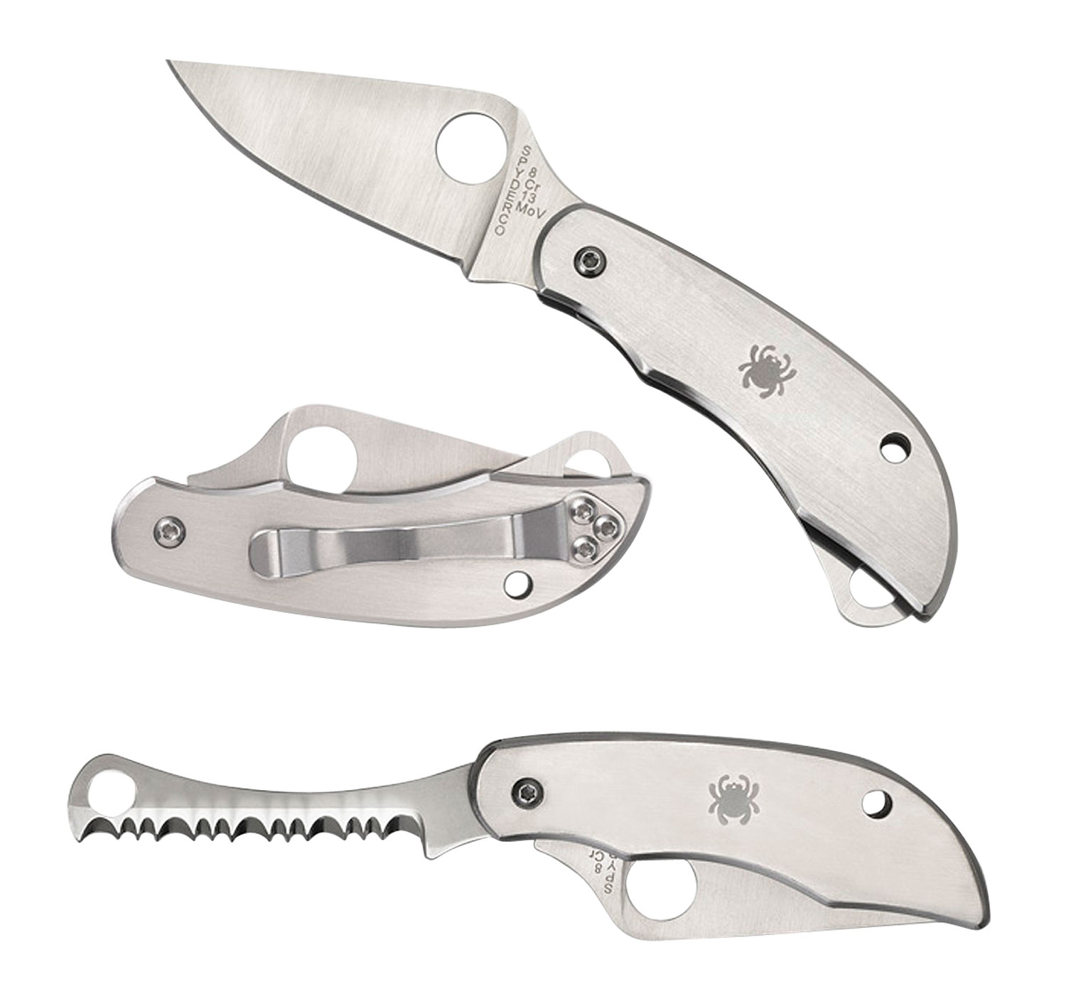 Spyderco C176P&S Clipitool  Silver Stainless Steel Folding 8Cr13MoV SS 4.57/4.59 Long Part Serrated Blade Stainless Steel Handle Features Screwdriver/Opener