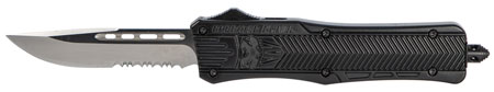 Medium 3" Drop Point SL/Part Serrated Black Handle OTF, D2 Steel, Hard Plastic case, Nylon Pouch