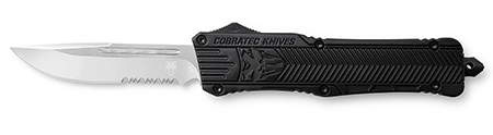 Large 3.9" Drop Point SL/Part Serrated Blk Handle OTF, D2 Steel, Hard Plastic case, Nylon Pouch