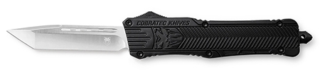 Large 3.9" Tanto Satin/Plain Edge Black Handle OTF, D2 Steel, Hard Plastic case, Nylon Pouch