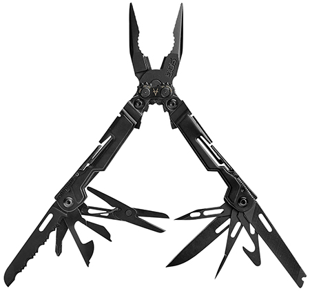 SOG Powerpint Black 18-Tool Multitool Includes serrated blade can opener inch/mm rulers pliers bolt gripper wire cutter straight-edge blade awl jewelry driver hook cutter file magnetic bit holder wire crimper bevel gauge scissors bottle opener; phillip