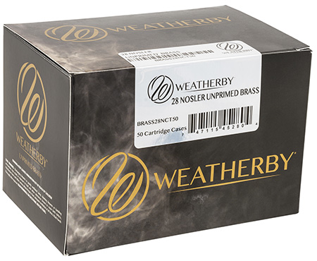 Weatherby BRASS28NCT50 Unprimed Cases 28 Nosler Rifle Brass/ 50 Per Box-img-1