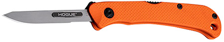 HOGUE EXPEL FOLDER SCALPEL 2.5" ORANGE G10 Expel Folder Scalpel 2.5" Replaceable Blade 7" OAL - Black Finish 416C Series SS G10 Solid Orange Peel Ply Scales