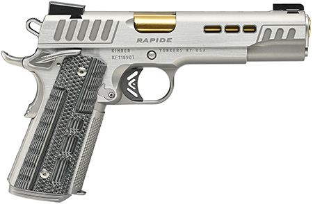 Kimber Rapide Dawn CA LCI 45ACP 5" Kimpro Silver Finish with Gray/Black G10 Rapide Grips; Loaded Chamber Indicator; Gold TiN Finished Barrel; Ambi Thumb Safety; Tru-Glo TFX Pro Day/Night Sights; Magazine Disconnect; 8rd Capacity