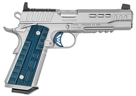 Rapide Ice 9mm 5" Stainless DLC Brl KimPro II Silver Finish: Black & Blue Pattern G10 Grips White Dot Sights; Picatinny Rail; KimPro II Blue Aluminum V-Cut Trigger; Stiplex 1 x 9rd Mag
