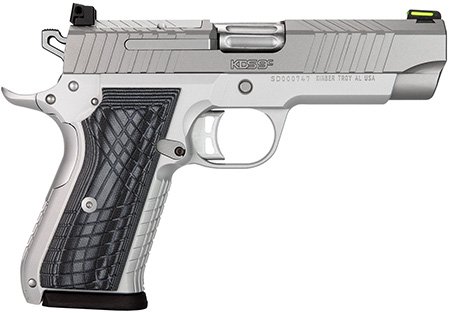 Kimber KDS9c 9mm 4" KimPro Silver 10rd Optic Ready Slide; Front Green Fiber Optic Front Sight; Stainless Slide w/ Front & Rear Cocking Serrations;Reversible Mag Release; Gray & Black Crosshatch G-10 Grips; 10rd Magazine