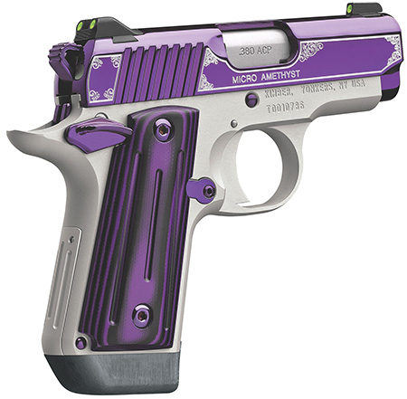 Micro Amethyst .380ACP, 2.75", 2 Tone Pistol, Tritium Night Sights, 7rd Magazine, Thin purple/black ball milled G-10 grips Satin Silver Frame, Amethyst Purple PVD Finish Slide