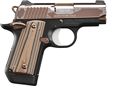 Micro Rose Gold .380ACP, 2.75", 2 Tone Pistol, Tritium Night Sights, 7rd Magazine, Slim Black/Gold G-10 Grips, Black Frame/ Rose Gold PVD Finished Slide