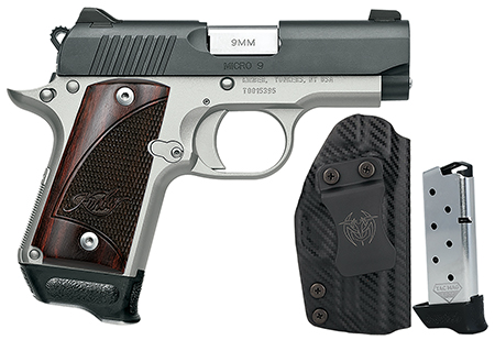 Micro 9 Two Tone RTC Bundle 9mm 3.15" 7rd Stainless Slide with KimPro II Finish; Rosewood Grips; White Dot Sights; 2x7rd Tac Mags; Kydex Holster