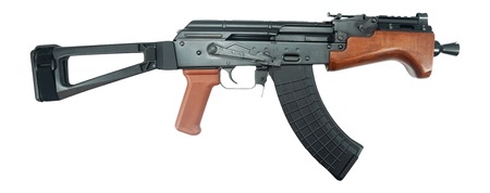 MICRO HELLPUP 7" 762X39 BRC WD Pioneer Arms 7" Micro Hellpup Classic Braced Pistol w/Wood Furniture Orange Polymer Pistol Grip, Wood Angled Front Handguard, 2-30Rd Mags SB Tactical AKTF Triangle Side Folding Pistol Brace