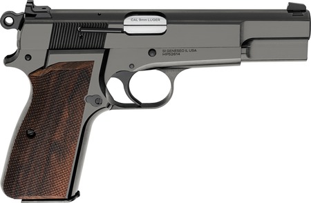 Springfield SA-35 9mm; 4.7" Polished Blue 15rd Checkered Walnut Grips; Forged Carbon Steel Polished Blued Frame White Dot front, Serrated Tactical Rack Rear Sights, 1x15rd mag
